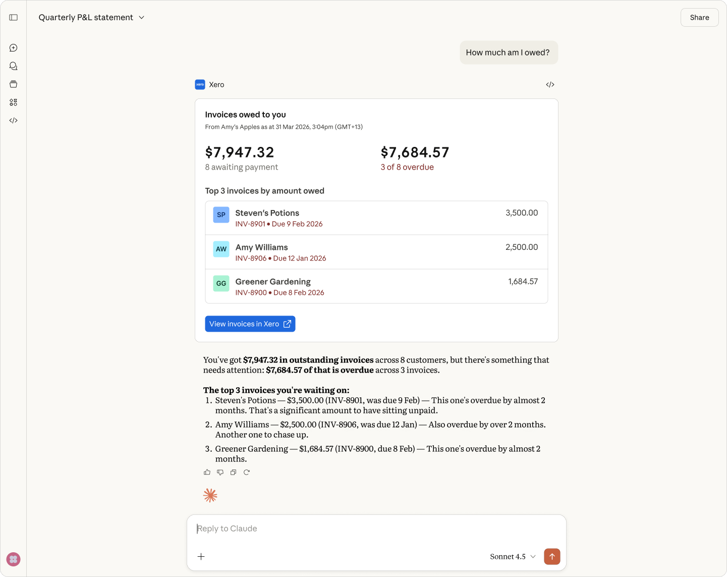Claude answer with a deep link into the matching invoice inside Xero